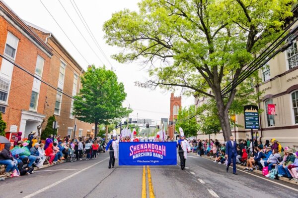 Shenandoah University's Marching Band performs in the 2024 Shenandoah Apple Blossom Festival Grand Feature Parade.