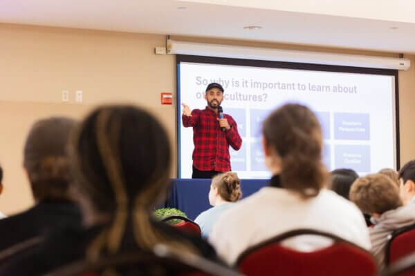 Salah Algabli speaks to Shenandoah University students.