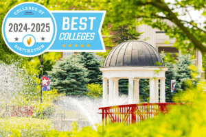 Colleges of Distinction 2024-25 badge on a photo of the gazebo at Sarah's Glen