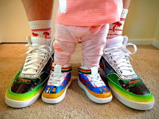 Custom painted sneakers for a dad and new baby by Myklin Davis (Made by Myklin)