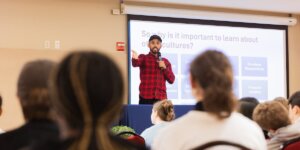 Salah Algabli speaks to Shenandoah University students.