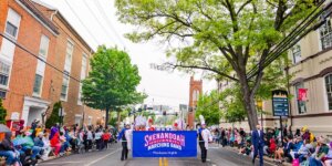 Shenandoah University's Marching Band performs in the 2024 Shenandoah Apple Blossom Festival Grand Feature Parade.